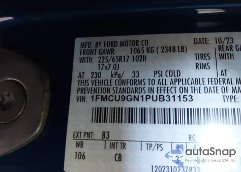 2023 Ford Escape Active z USA, uszkodzony, nr VIN 1FMCU9GN1PUB31153